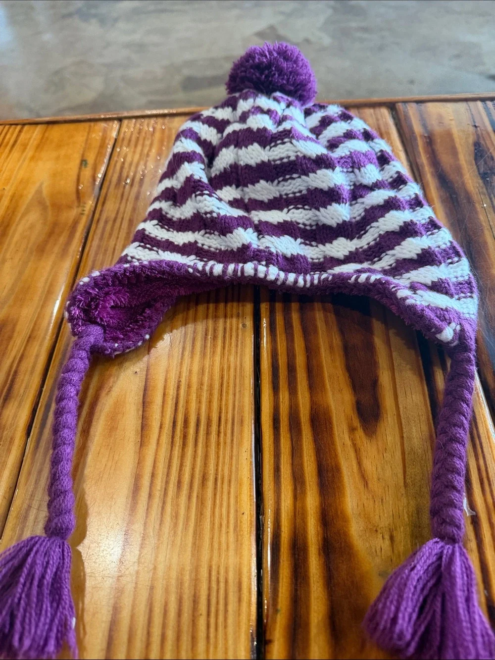 The North Face Kids Purple and White Striped Pom-Pom Earflap Hat A41